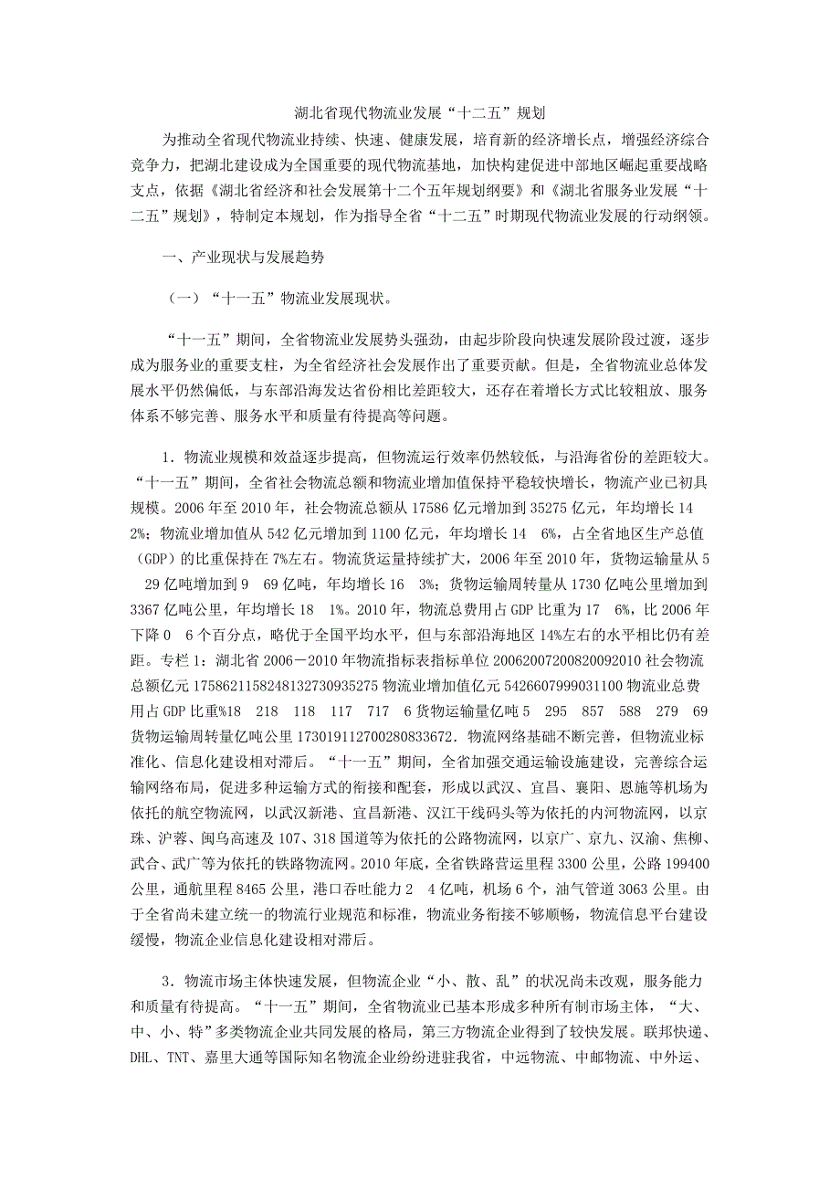 湖北省现代物流业发展十二五规划_第1页