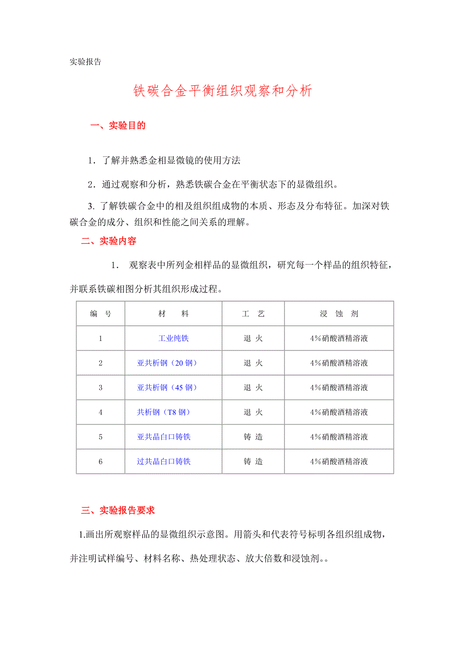 铁碳合金平衡组织分析实验报告_第1页