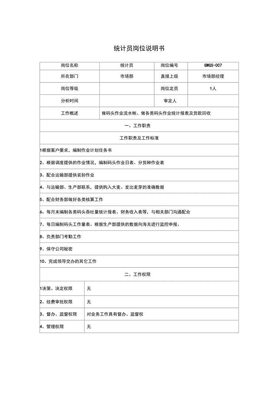 港务部统计员岗位说明书_第1页