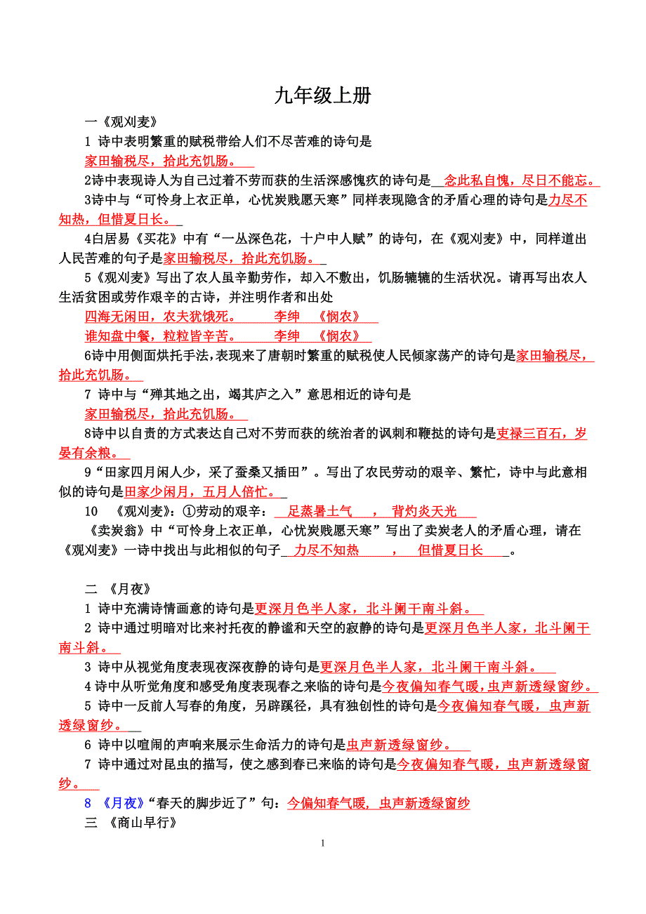 人教版九年级语文全册课外古诗词理解性默写及答案_第1页