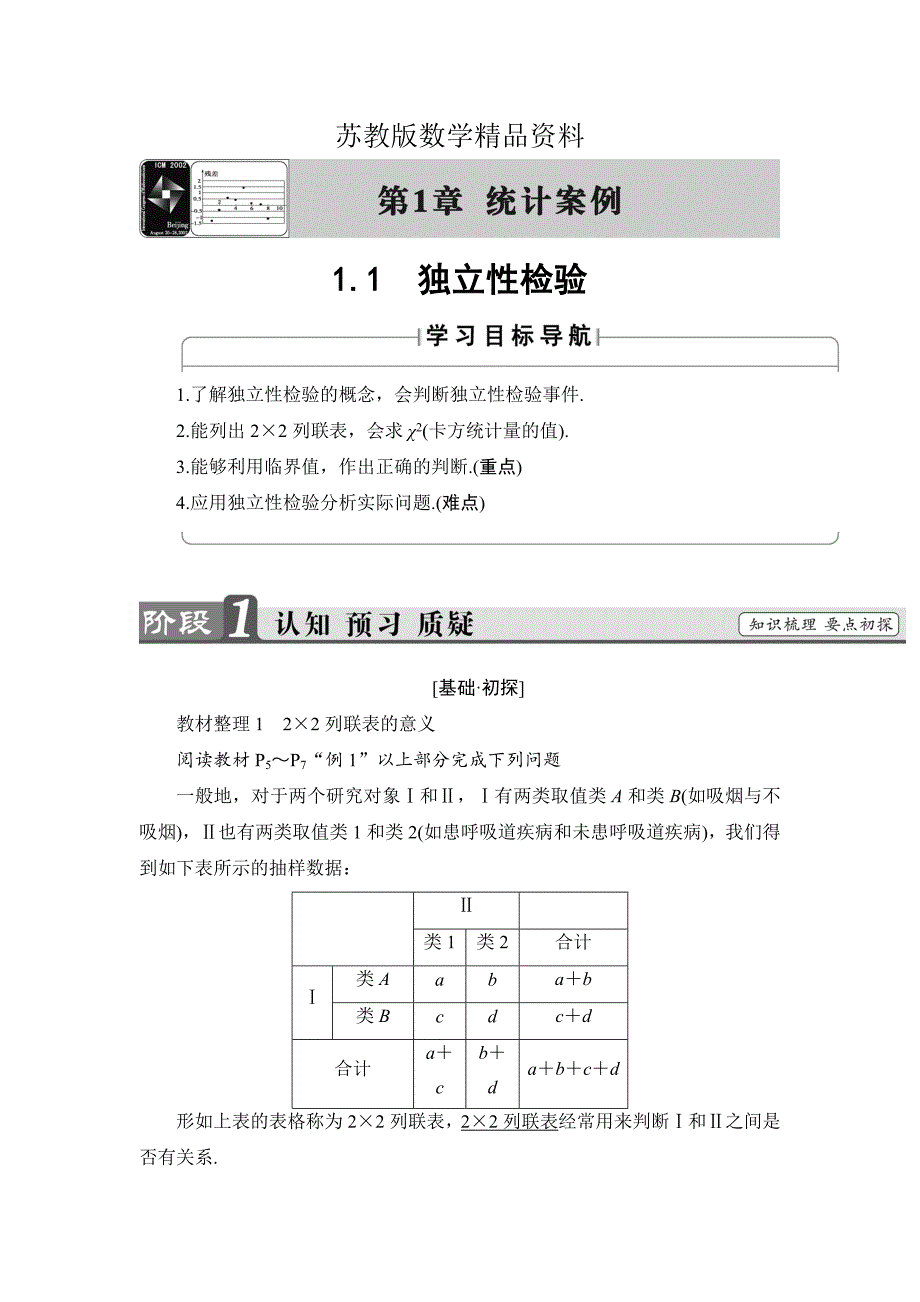 精品高中数学苏教版选修12学案：1.1　独立性检验 Word版含解析_第1页