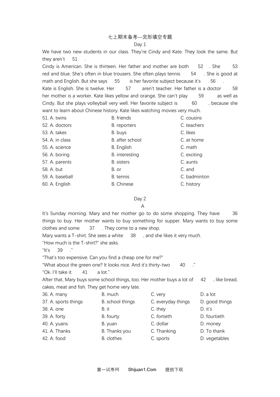 七年级英语上册期末复习题 完形填空.doc_第1页