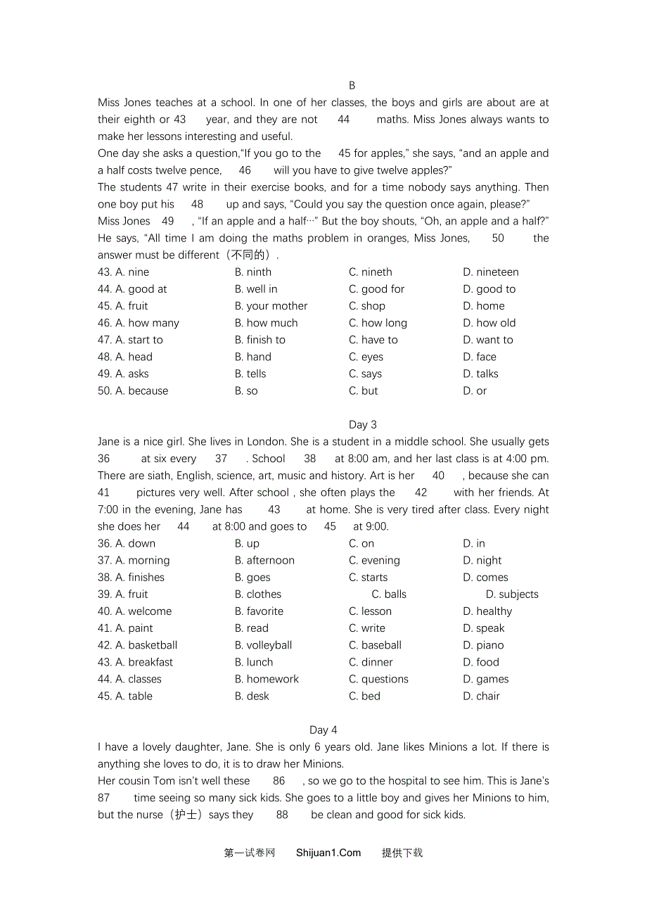 七年级英语上册期末复习题 完形填空.doc_第2页