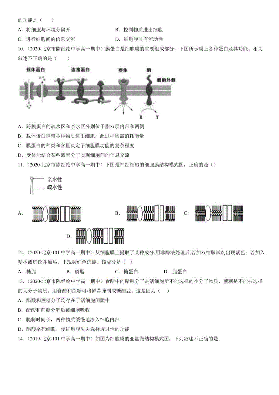 2019-2021北京重点校高一（上）期中生物汇编：细胞膜的结构和功能_第3页