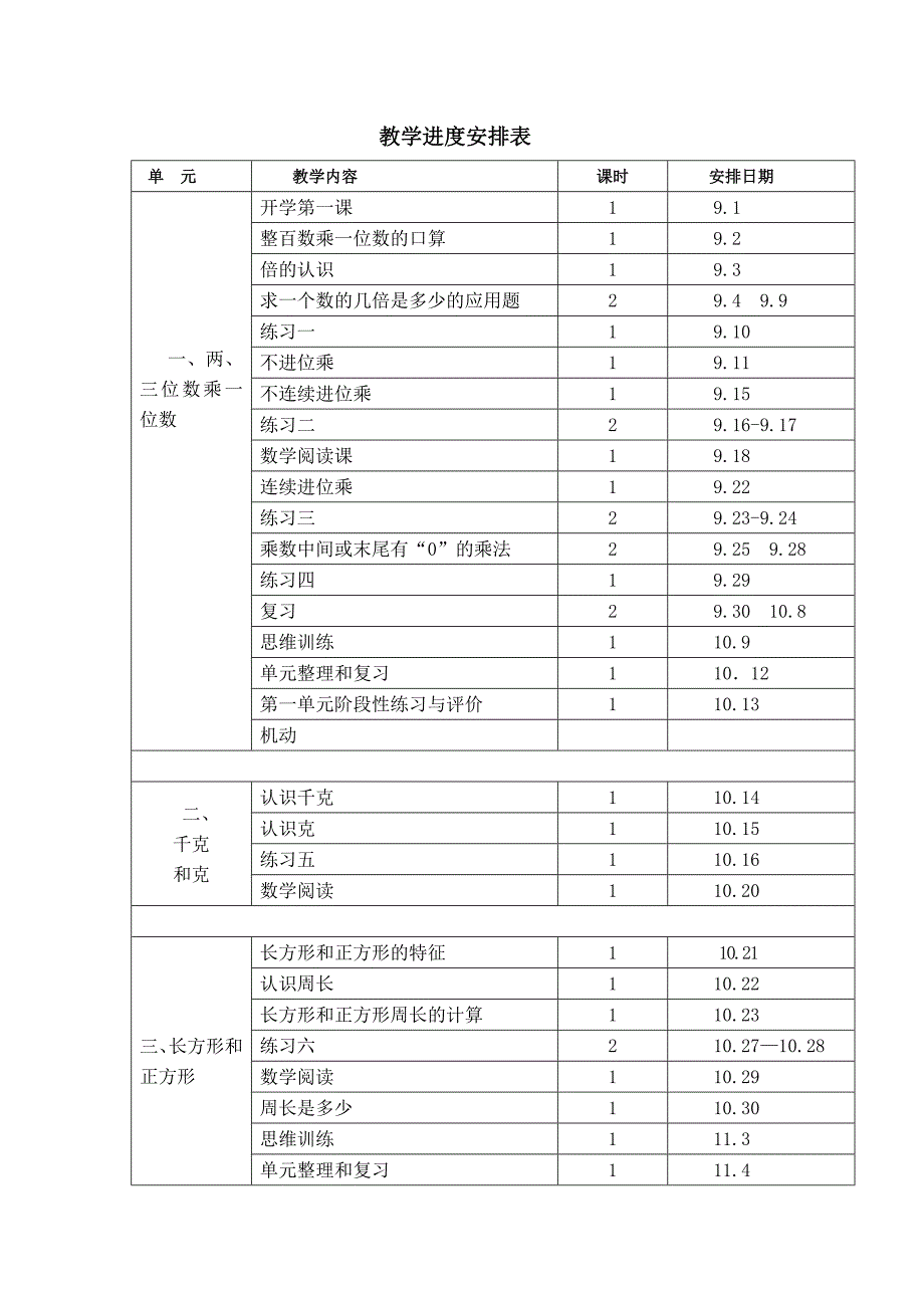 数学三年级上册教案2015教学进度安排表（教育精品）_第1页