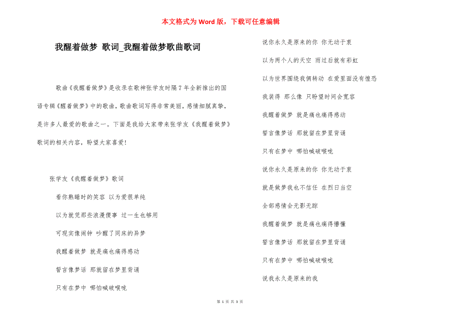 我醒着做梦 歌词_我醒着做梦歌曲歌词.docx_第1页