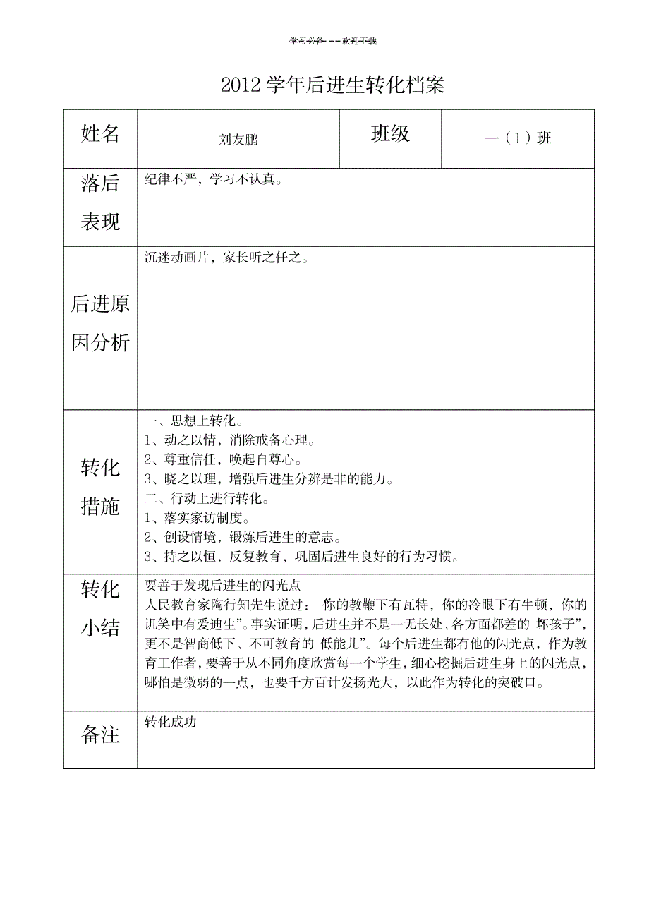 公兴中心小学后进生转化档案_小学教育-小学考试_第1页