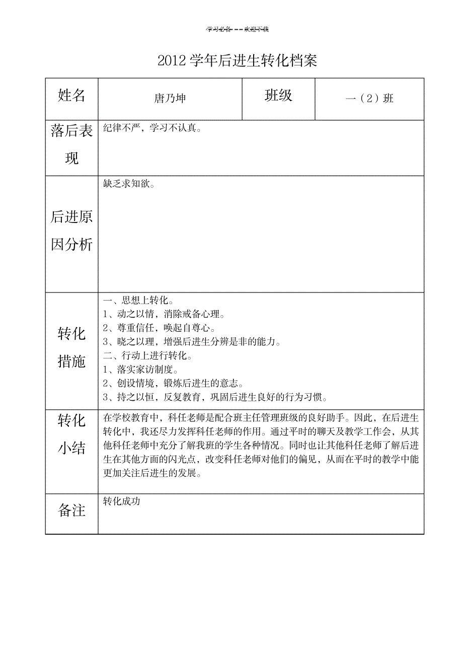 公兴中心小学后进生转化档案_小学教育-小学考试_第2页