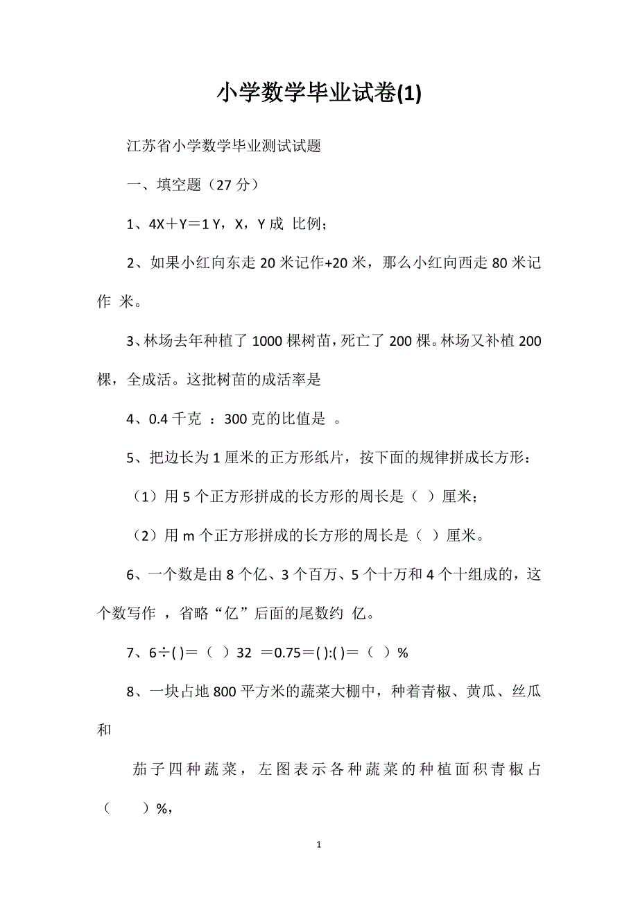 小学数学毕业试卷(1)_第1页