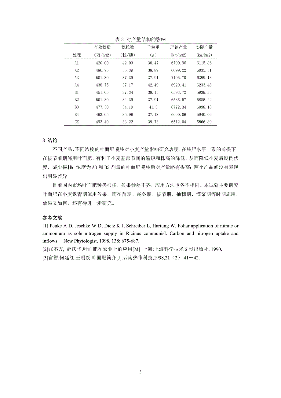 不同浓度叶面肥对小麦生育特性及产量的影响(季陆鹰)_第3页