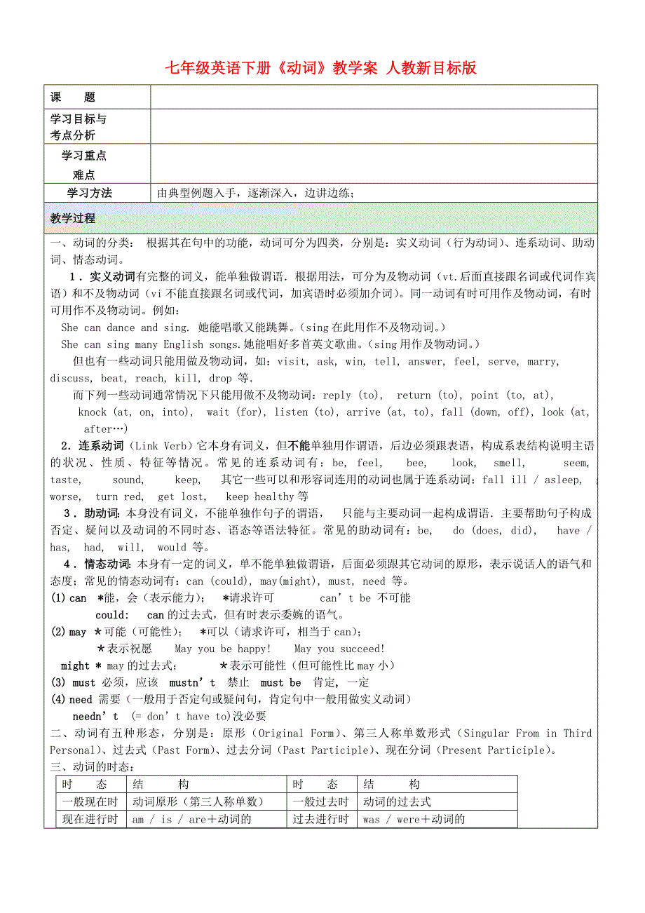 七年级英语下册《动词》教学案 人教新目标版_第1页