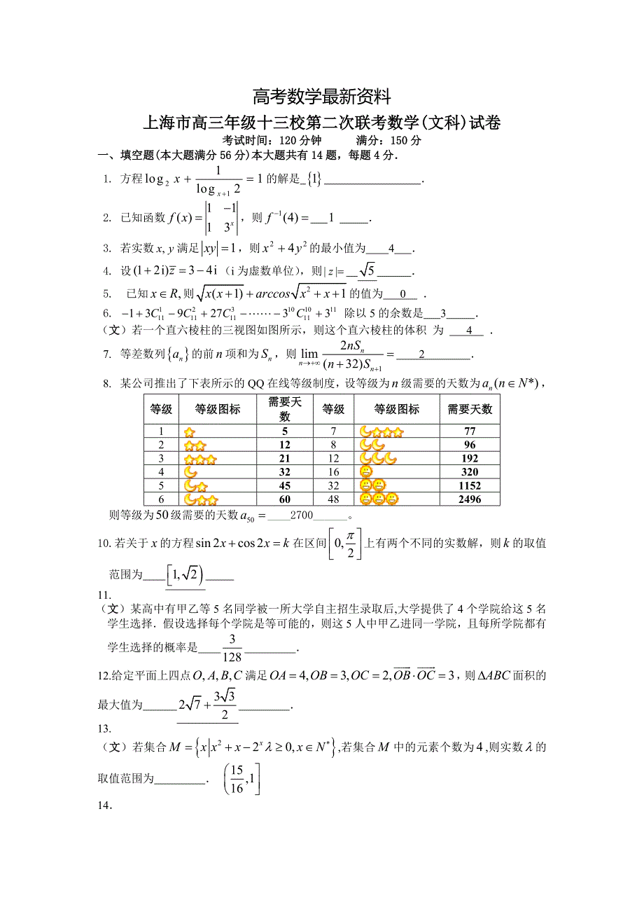 【最新资料】上海市高三年级十三校第二次联考数学文科试卷及答案_第1页