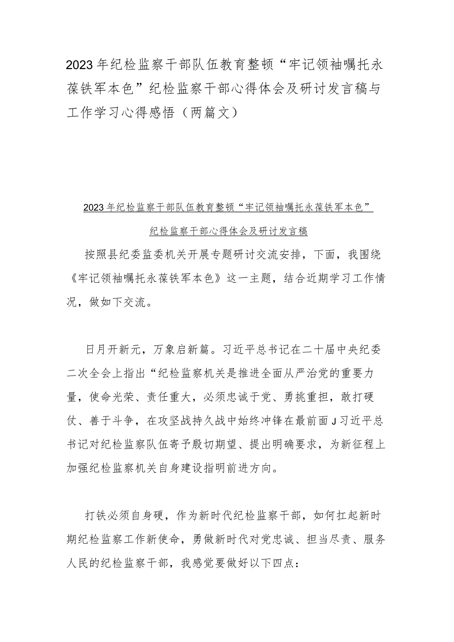 2023年纪检监察干部队伍教育整顿“牢记领袖嘱托永葆铁军本色”纪检监察干部心得体会及研讨发言稿与工作学习心得感悟（两篇文）_第1页