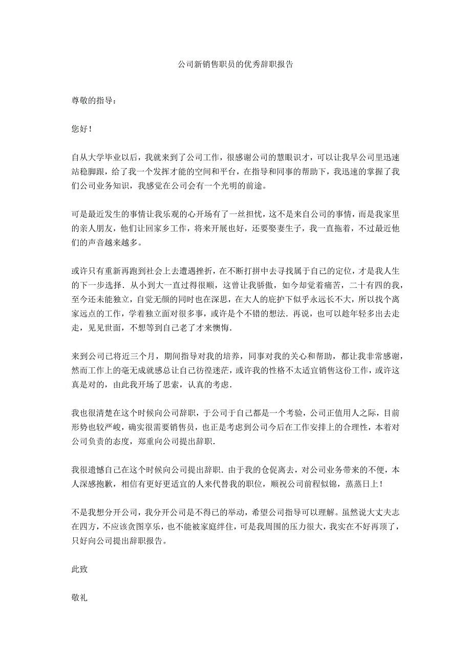 公司新销售职员的优秀辞职报告_第1页