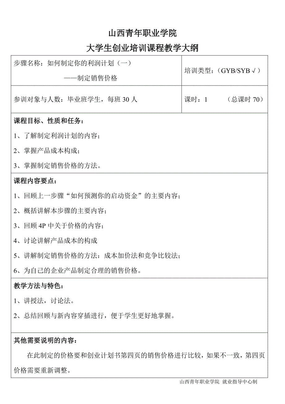 SYB课程大纲第八步如何制定你的利润计划共18课时_第1页