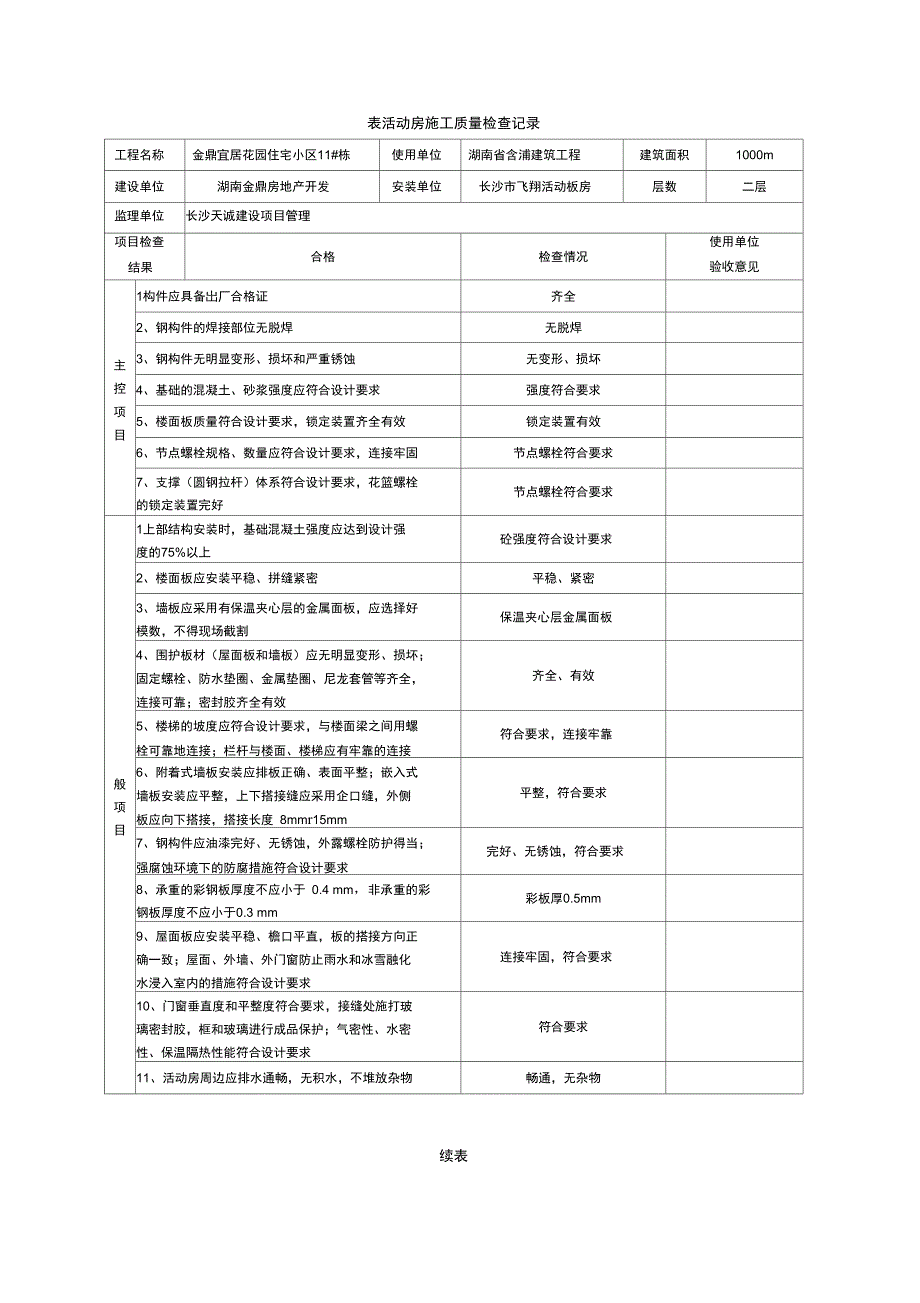 表A活动房施工质量检查记录_第1页