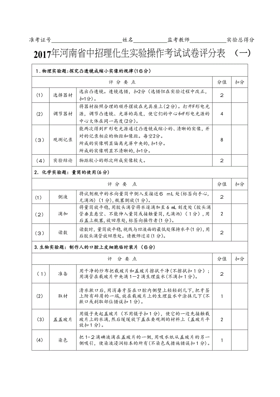 河南省中招理化生实验加试评分表_第1页