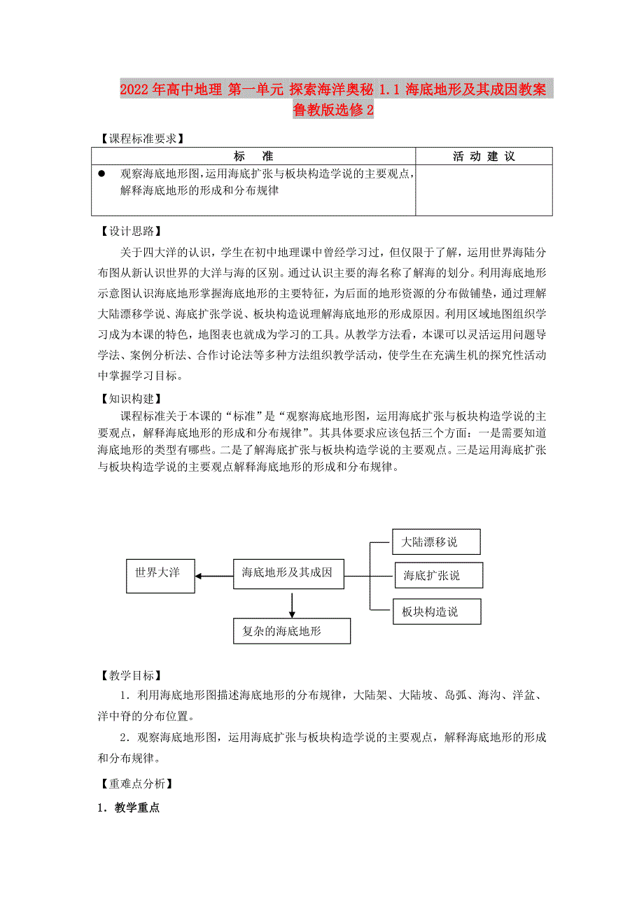2022年高中地理 第一单元 探索海洋奥秘 1.1 海底地形及其成因教案 鲁教版选修2_第1页