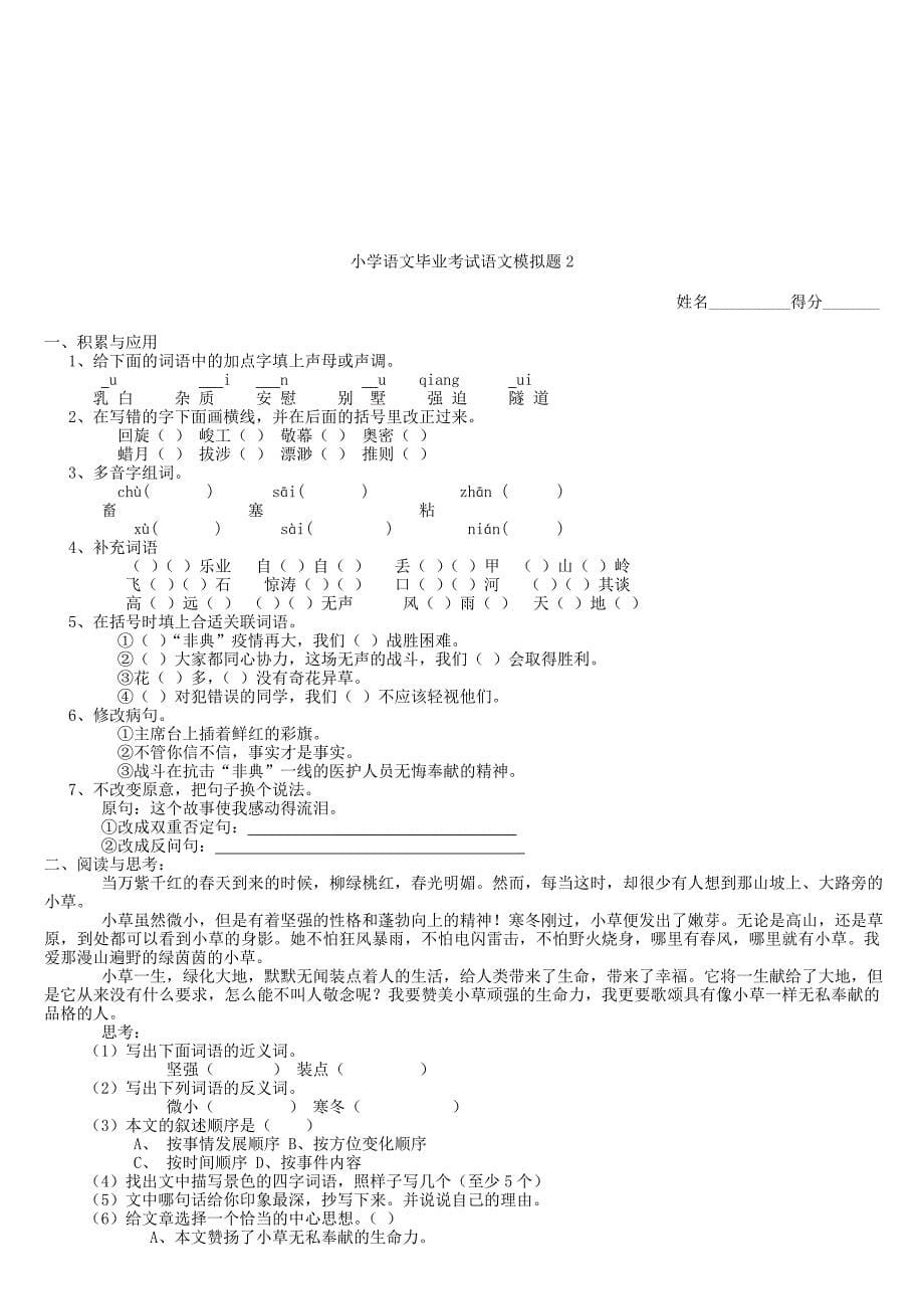 新课标人教版小学毕业班语文模拟考试卷集锦.doc_第5页