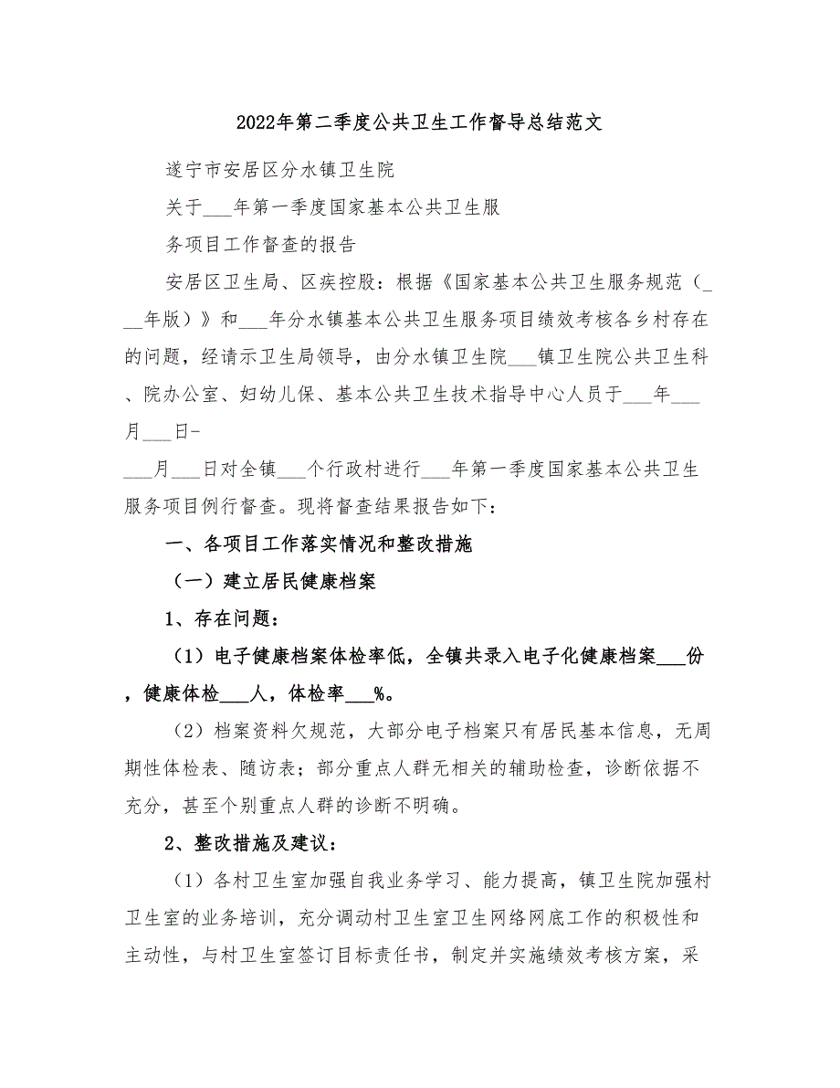 2022年第二季度公共卫生工作督导总结范文_第1页