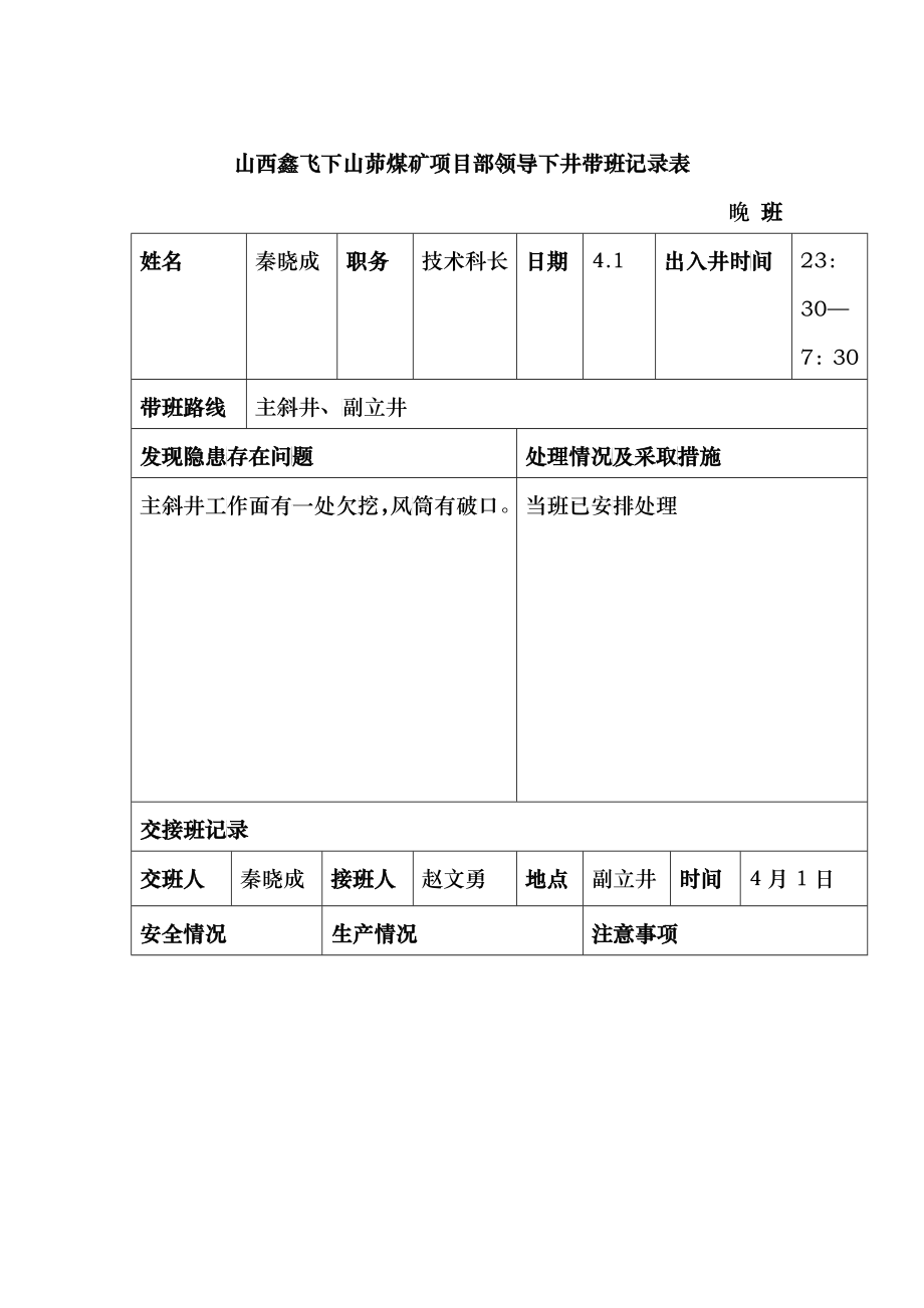 4月份项目部领导下井带班记录_第1页