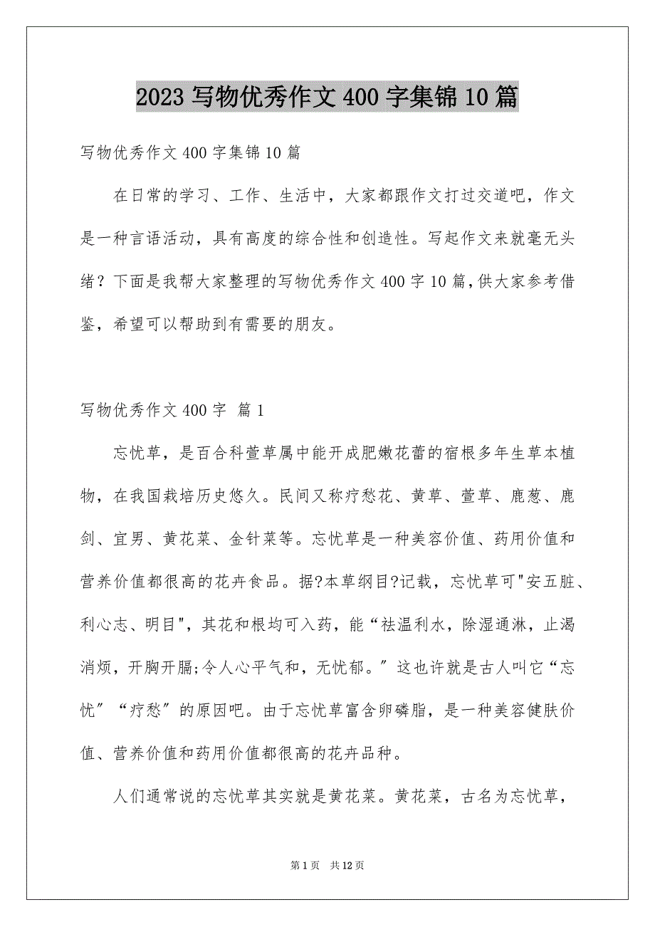 2023年写物优秀作文400字集锦10篇.docx_第1页