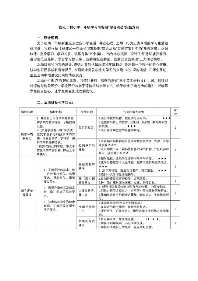 控江二村小学一年级学习准备期综合活动实施方案