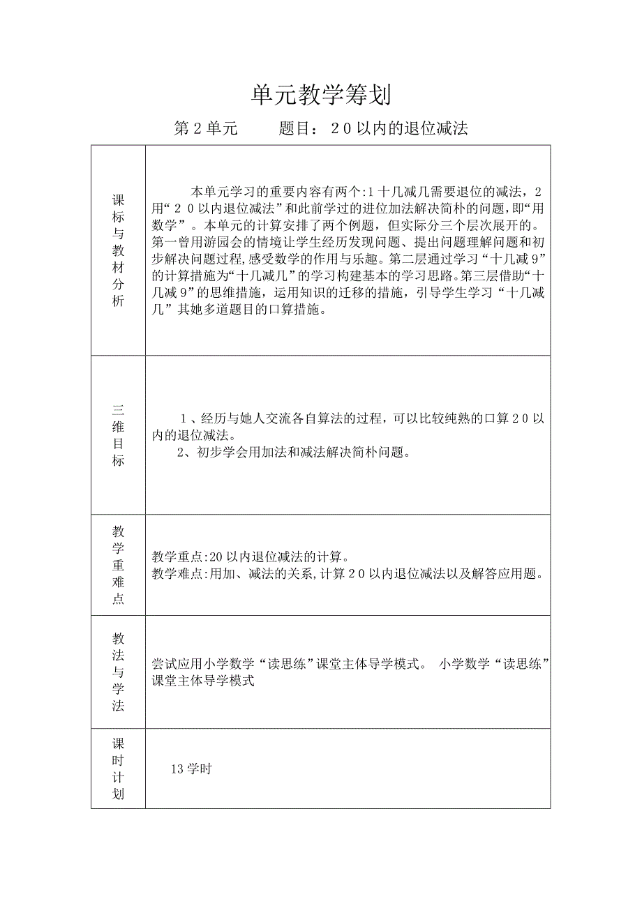 人教版一年级数学下册单元教学计划_第2页