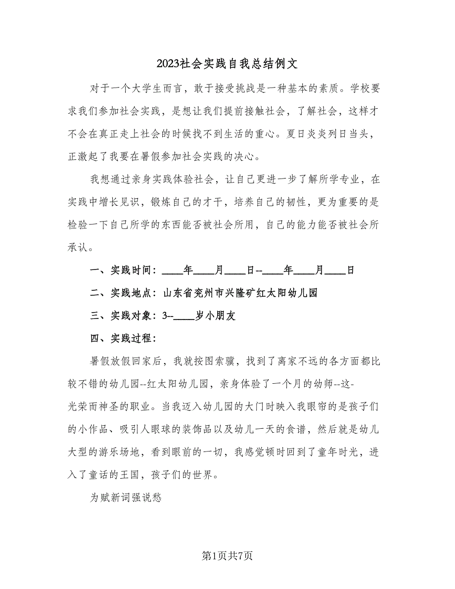 2023社会实践自我总结例文（二篇）.doc_第1页