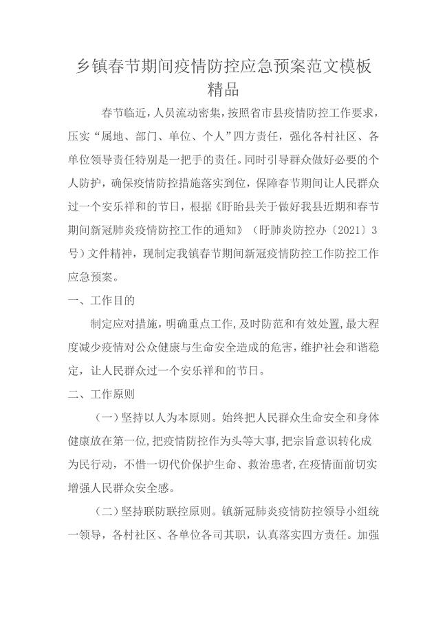 乡镇春节期间疫情防控应急预案范文模板精品