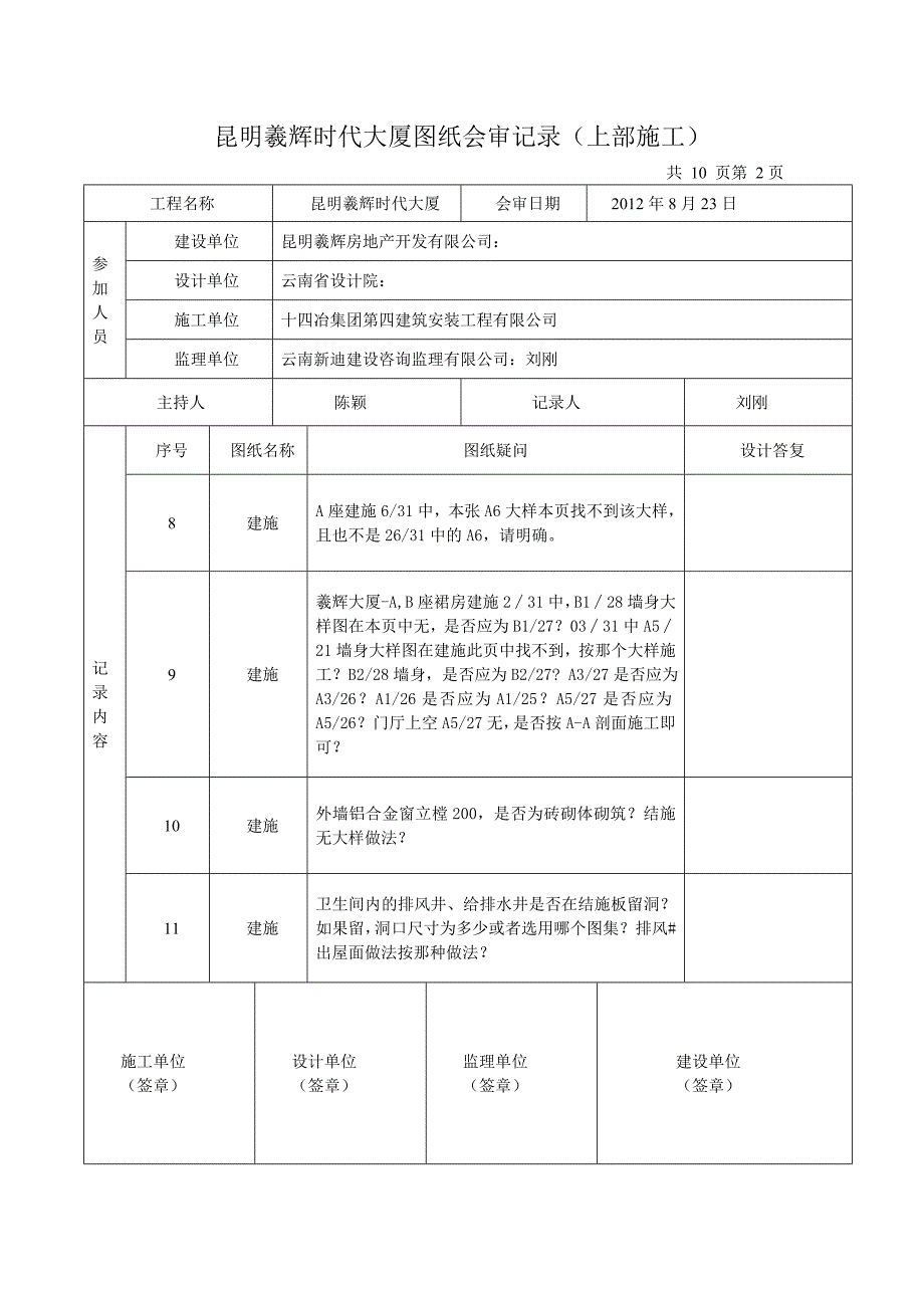 昆明羲辉时代大厦上部施工图纸会审记录_第2页