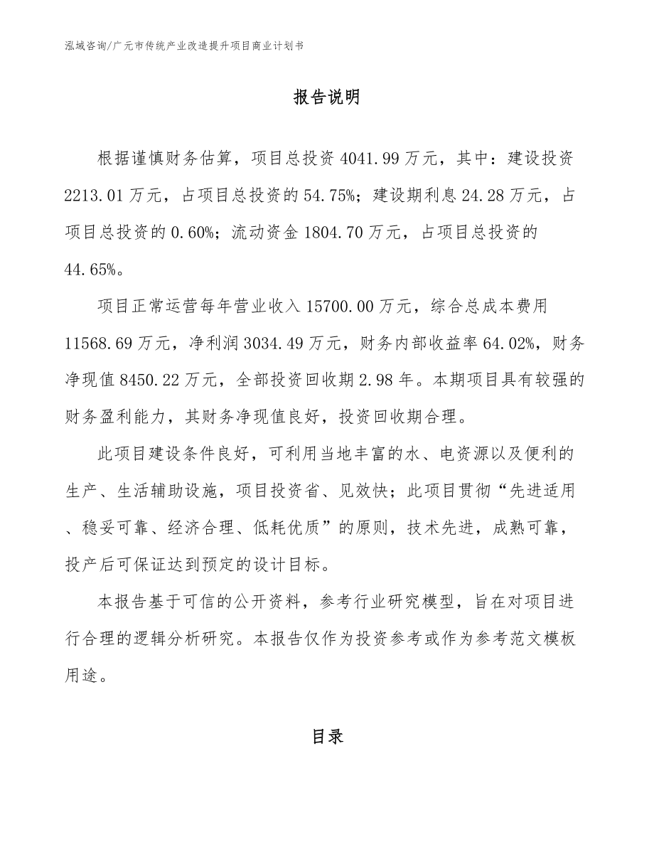 广元市传统产业改造提升项目商业计划书范文参考_第1页