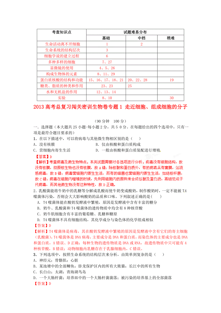 专题1走近细胞、组成细胞的分子_第1页