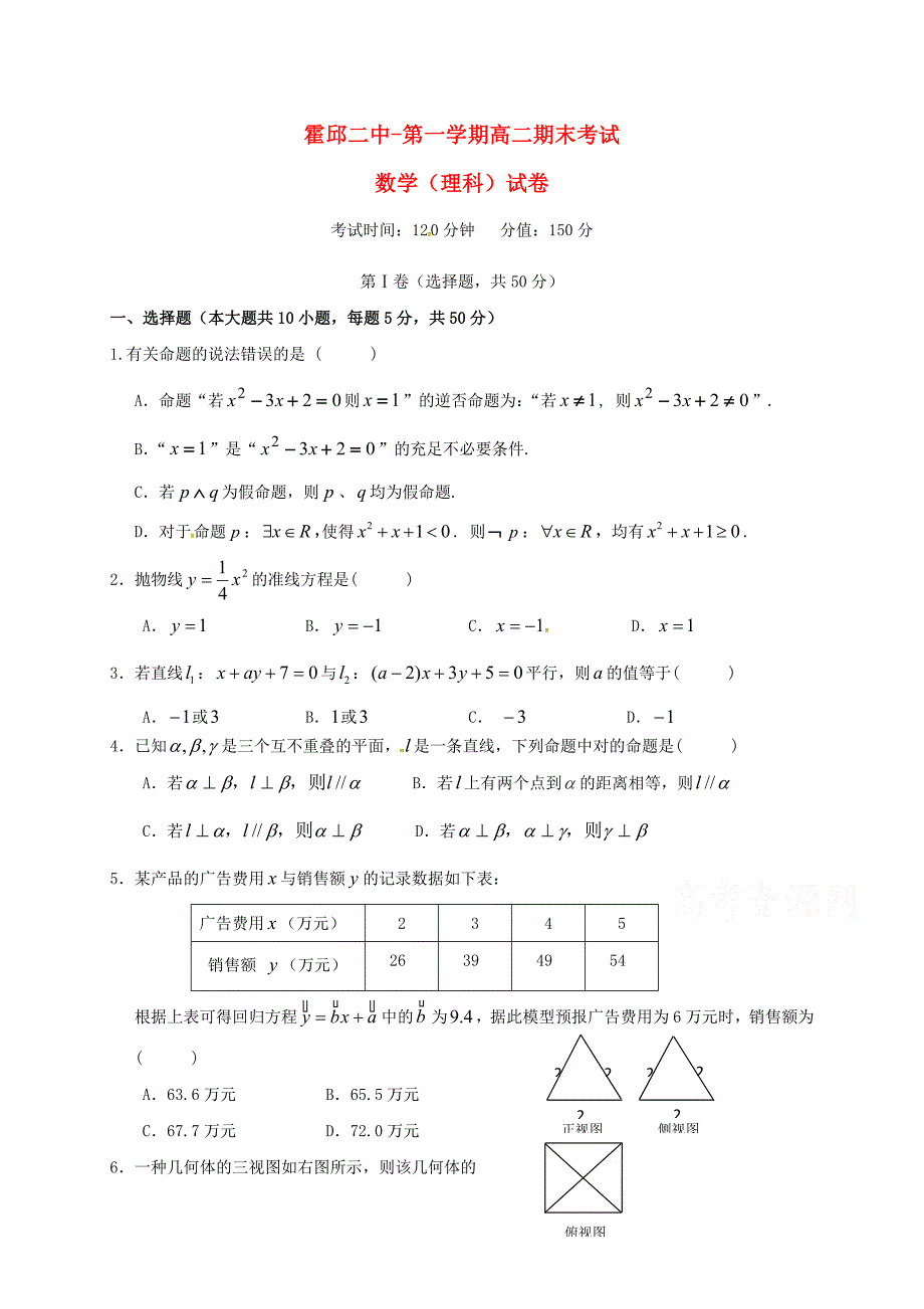 安徽省六安市霍邱县第二高级中学-高二数学上学期期末考试试题理_第1页