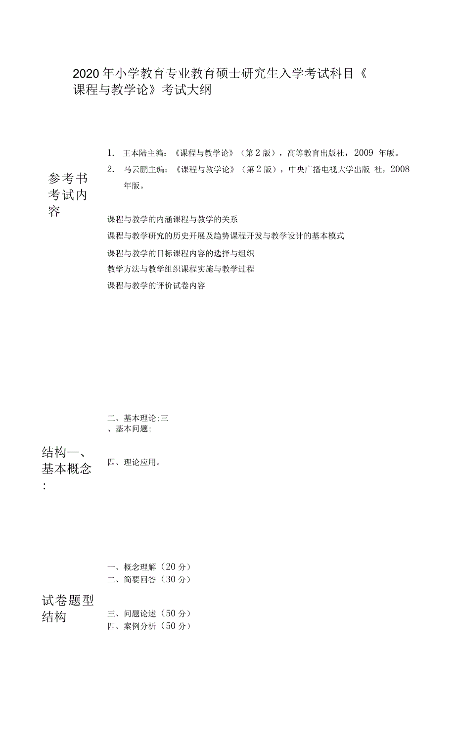 2020年小学教育专业教育硕士研究生入学考试科目《课程与教学论》考试大纲.docx_第1页