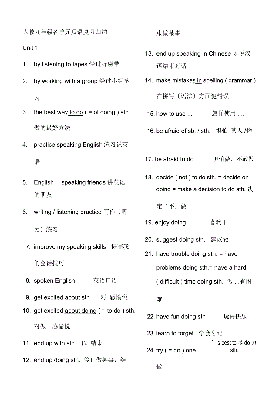 人教新目标英语九年级各单元短语复习归纳文档.docx_第1页