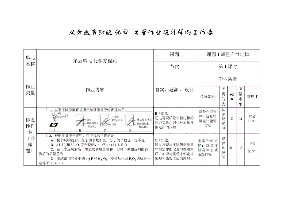 九年级化学书面作业编制工作表——第26课时课题1质量守恒定律(1)_第1页
