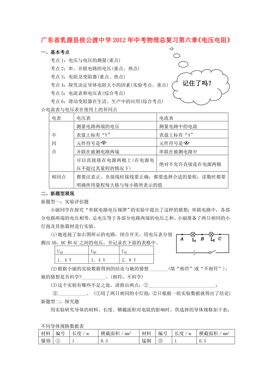 广东省乳源县侯公渡中学2012年中考物理总复习 第六章《电压 电阻》（无答案）_第1页