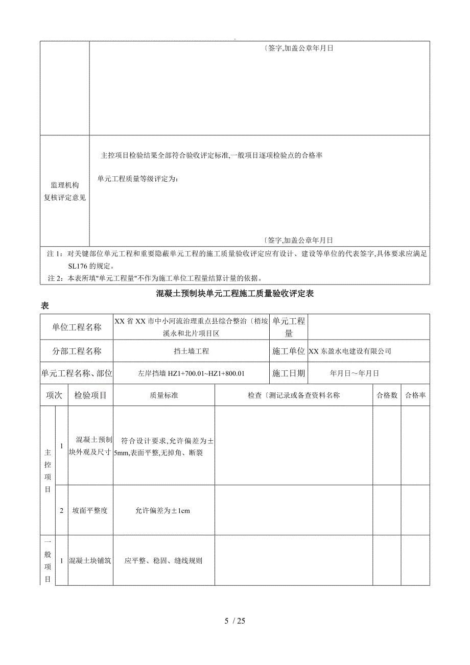 混凝土预制块护坡单元工程施工质量验收评定表_第5页