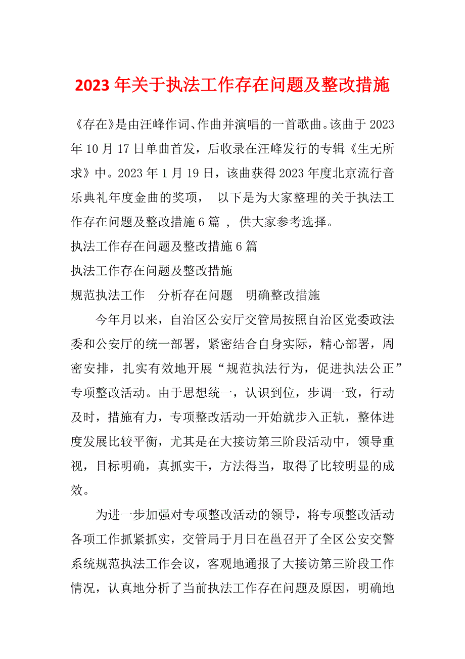 2023年关于执法工作存在问题及整改措施_第1页