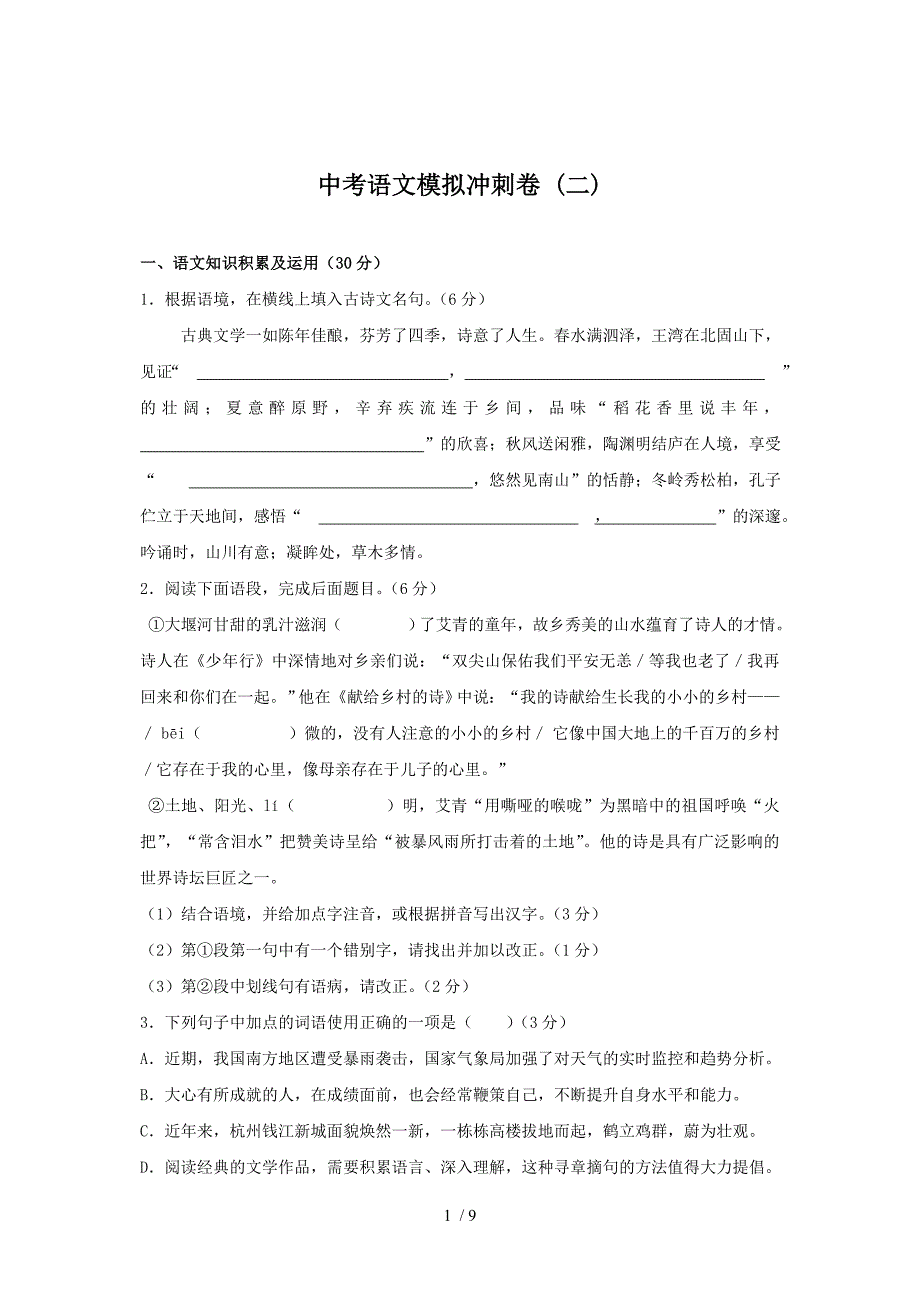 2013年中考语文模拟冲刺试题_第1页