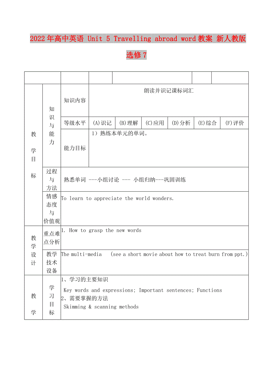 2022年高中英语 Unit 5 Travelling abroad word教案 新人教版选修7_第1页