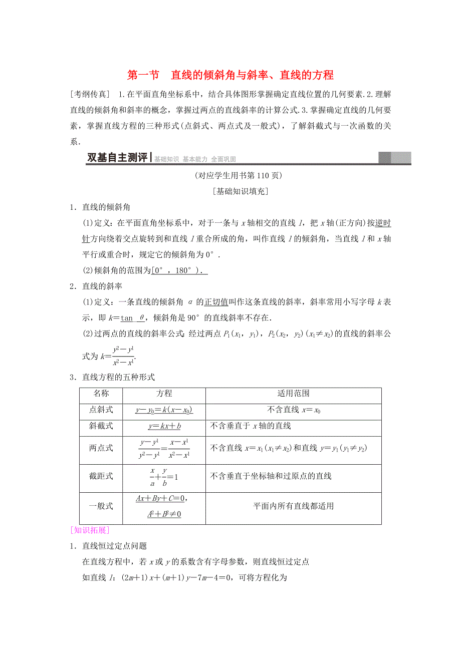 高考数学 一轮复习学案训练课件北师大版文科： 第8章 平面解析几何 第1节 直线的倾斜角与斜率、直线的方程学案 文 北师大版_第1页