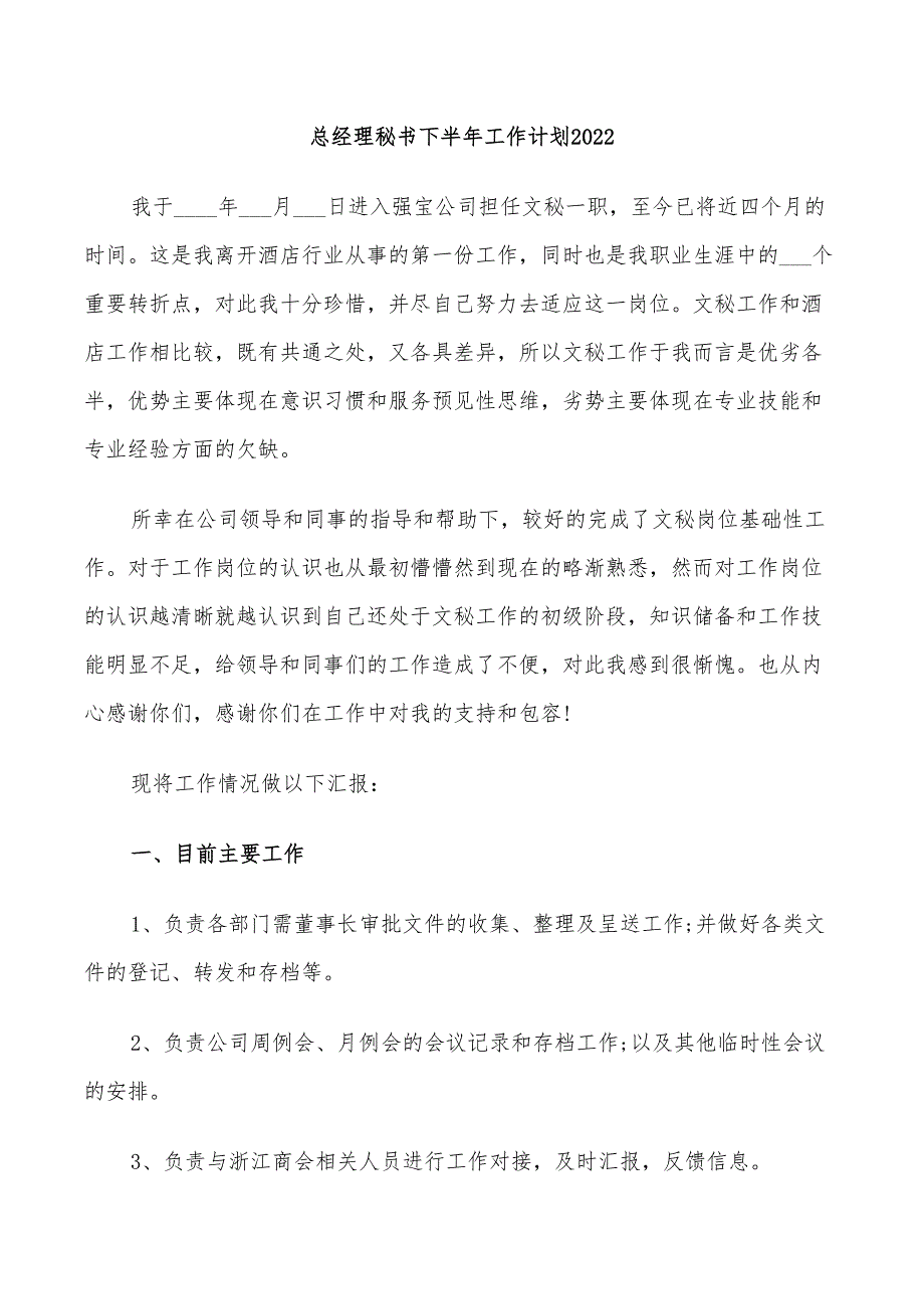 总经理秘书下半年工作计划2022_第1页