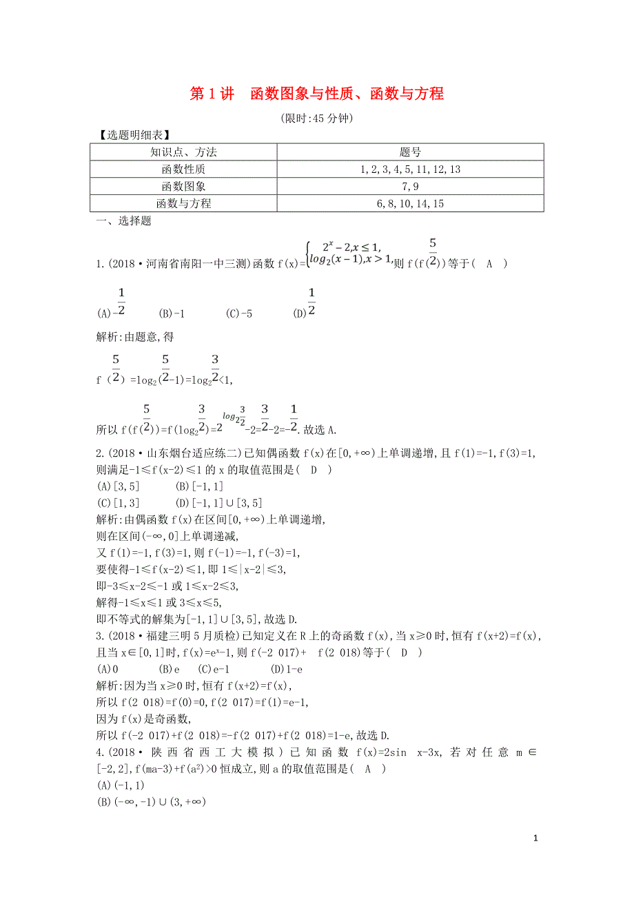 2019届高考数学二轮复习 第一篇 专题二 函数与导数 第1讲 函数图象与性质、函数与方程限时训练 理_第1页