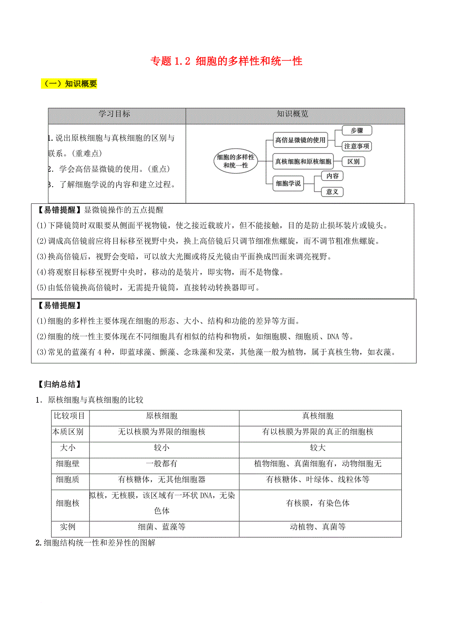 高中生物 第01章 走近细胞 专题1.2 细胞的多样性和统一性学案 新人教版必修1_第1页