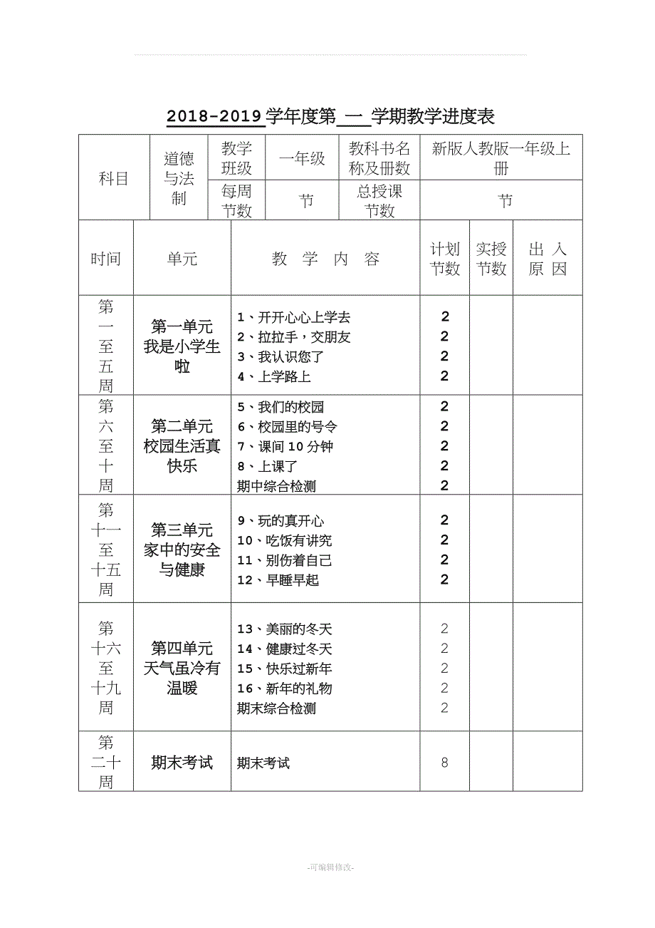新人教版小学一级上册道德与法治全册教案.doc_第1页