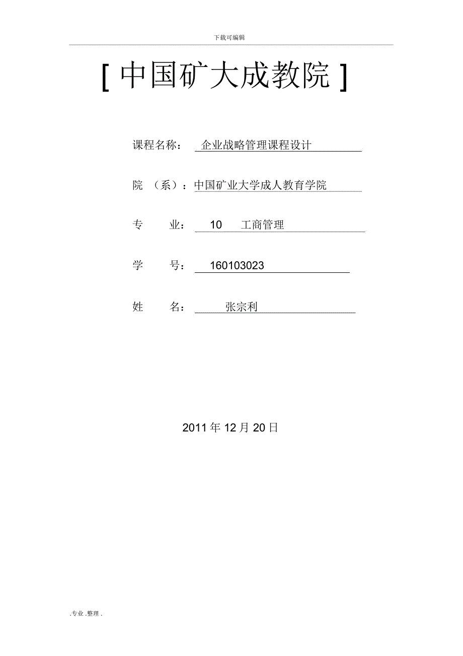 企业战略管理课程设计_张宗利_第1页