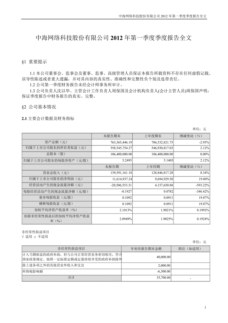 中海科技：第一季度报告全文_第1页