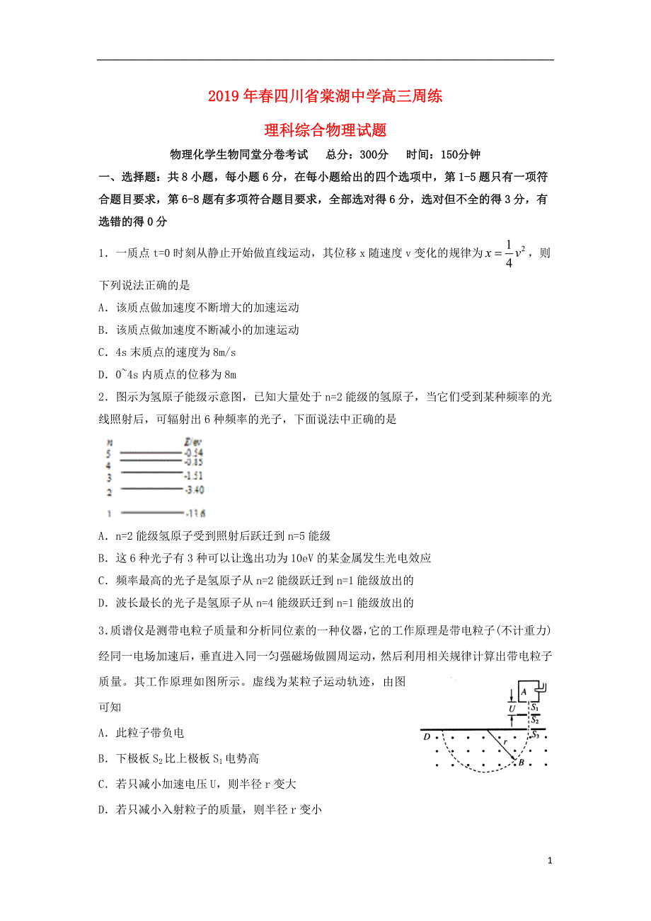 四川省棠湖中学2019届高三物理周练试题（3.16-17）_第1页